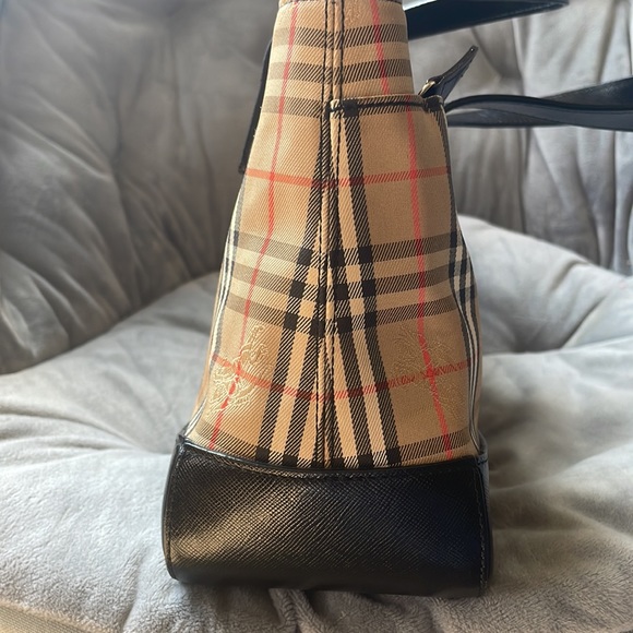 AUTHENTIC BURBERRY Burberry Check Hand Bag Purse Canvas w/black Leather - Picture 8 of 12